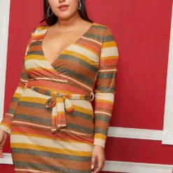 Asoph Plus Size V-Neck Multi Colored Tie Front Dress