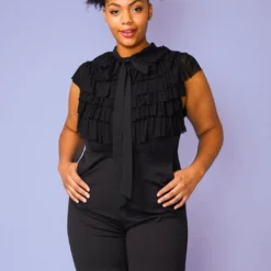 Plus Size Ruffle Front Tie Neck Romper