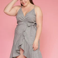 Asoph Plus Size Ruffle Hem Wrap Gingham Dress