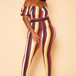 Plus Size Puff Sleeve Multi Stripe Jumpsuit