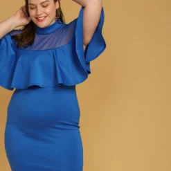 Asoph Plus Size Mesh Mock Neck Ruffle Mini Dress