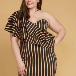 Asoph Plus Size One Shoulder Stripe Party Dress