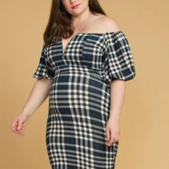 Asoph Plus Size Plaid Split Off Shoulder Dress