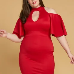 Plus Size Shoulder Cutout Mock Neck Dress