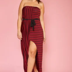 Plus Size Stripe Tube Top Asymmetrical Maxi Dress