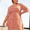 Pleione Plus Size Womens Red Floral Tier Layered Chiffon Dress