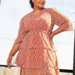 Pleione Plus Size Womens Red Floral Tier Layered Chiffon Dress