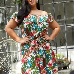 Pleione Plus Size Tropical Off Shoulder Button Down Dress