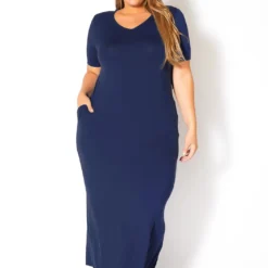 Plus Size V-Neck Short Sleeve Maxi Dress With Pockets