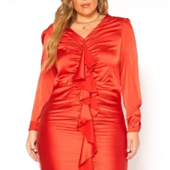 Asoph Plus Size Satin Waterfall Drape Long Sleeve Mini Dress -Femme Avid Sales Store 2011254 120 0
