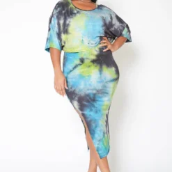 Asoph Plus Size Ocean Tie Dye Crop Top & Tank Midi Dress Set