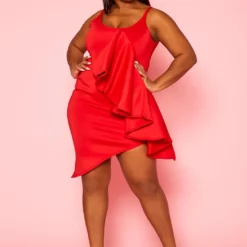 Plus Size Asymmetric Ruffle Drape Cami Dress