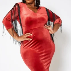 Asoph Plus Size Tassel Fringe Velvet Bodycon Mini Dress