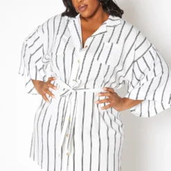 Asoph Plus Size Pin Striped Button Front Mini Dress