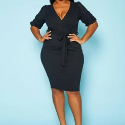 Plus Size V Neck Wrap Bodycon Mini Dress
