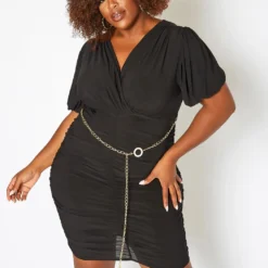 Asoph Plus Size Ruched Bodycon Mini Dress With Waist Chain