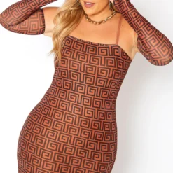 Asoph Plus Size Greek Key Print Bodycon Mini Dress & Glove Set
