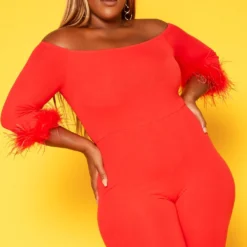 Plus Size Feather Trim Off Shoulder Bodycon Romper
