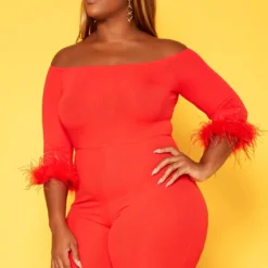 Plus Size Feather Trim Off Shoulder Bodycon Romper -Femme Avid Sales Store 2018789 110 2