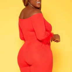 Plus Size Feather Trim Off Shoulder Bodycon Romper -Femme Avid Sales Store 2018789 110 3