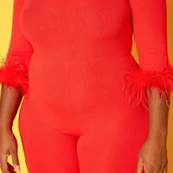 Plus Size Feather Trim Off Shoulder Bodycon Romper -Femme Avid Sales Store 2018789 110 4