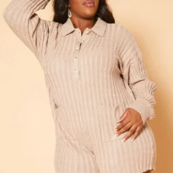 Plus Size Cable Knit Long Sleeve Romper