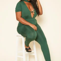 Plus Size Deep V Neck Bodycon Jumpsuit