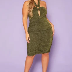 Plus Size Golden Shimmer Halter Neck Midi Dress