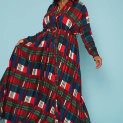 Plus Size Plaid Button Front Collar Maxi Dress