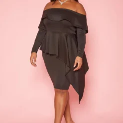 Plus Size Asymmetric Peplum Off Shoulder Mini Dress