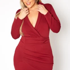 Plus Size Notch Collar Long Sleeve Mini Dress