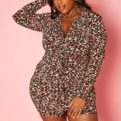 Plus Size Leopard Print Button Front Mini Dress