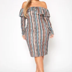 Plus Size Multi Striped Off Shoulder Dress