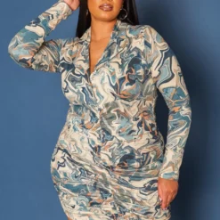 Plus Size Marble Pattern Collar Mini Dress