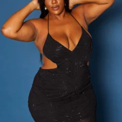 Plus Size Sequin V Neck Cut Out Cami Mini Dress