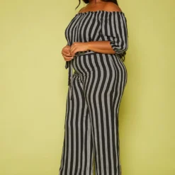 Plus Size Off Shoulder Stripe Jumpsuit -Femme Avid Sales Store 2019704 001 2