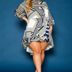 Plus Size Geo Print High To Low Flare Dress