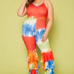 Plus Size Tie Dye Tiered Flare Jumpsuit