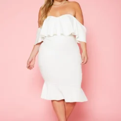 Plus Size Off Shoulder Ruffle Hem Midi Dress