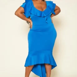 Plus Size High-Low Ruffled Bodycon Midi Dress
