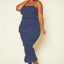Plus Size Shirred Polka Dot Maxi Dress