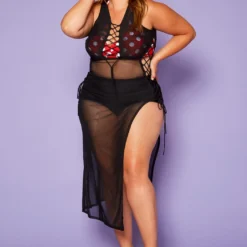 Plus Size Lace Up Sheer Tank Midi Dress Cover Up