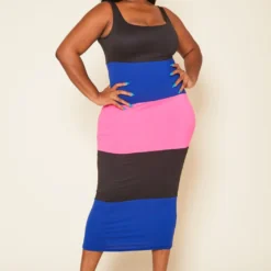 Plus Size Striped Color Block Midi Dress