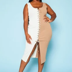 Plus Size Ribbed Two Tone Lace Up Midi Dress