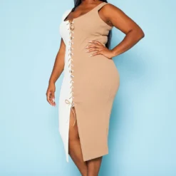 Plus Size Ribbed Two Tone Lace Up Midi Dress -Femme Avid Sales Store 2020467 001 3