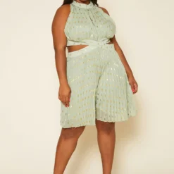 Plus Size Pleated Polka Dot Cut Out Romper