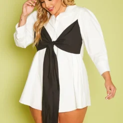 Plus Size Collar Neck Front Tie Mini Dress