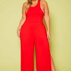 Plus Size Halter Top Wide Leg Slit Jumpsuit