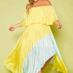 Plus Size Two Tone Pleated Asymmetrical Maxi Dress