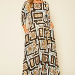 Plus Size Damask Print Fit & Flare Maxi Dress